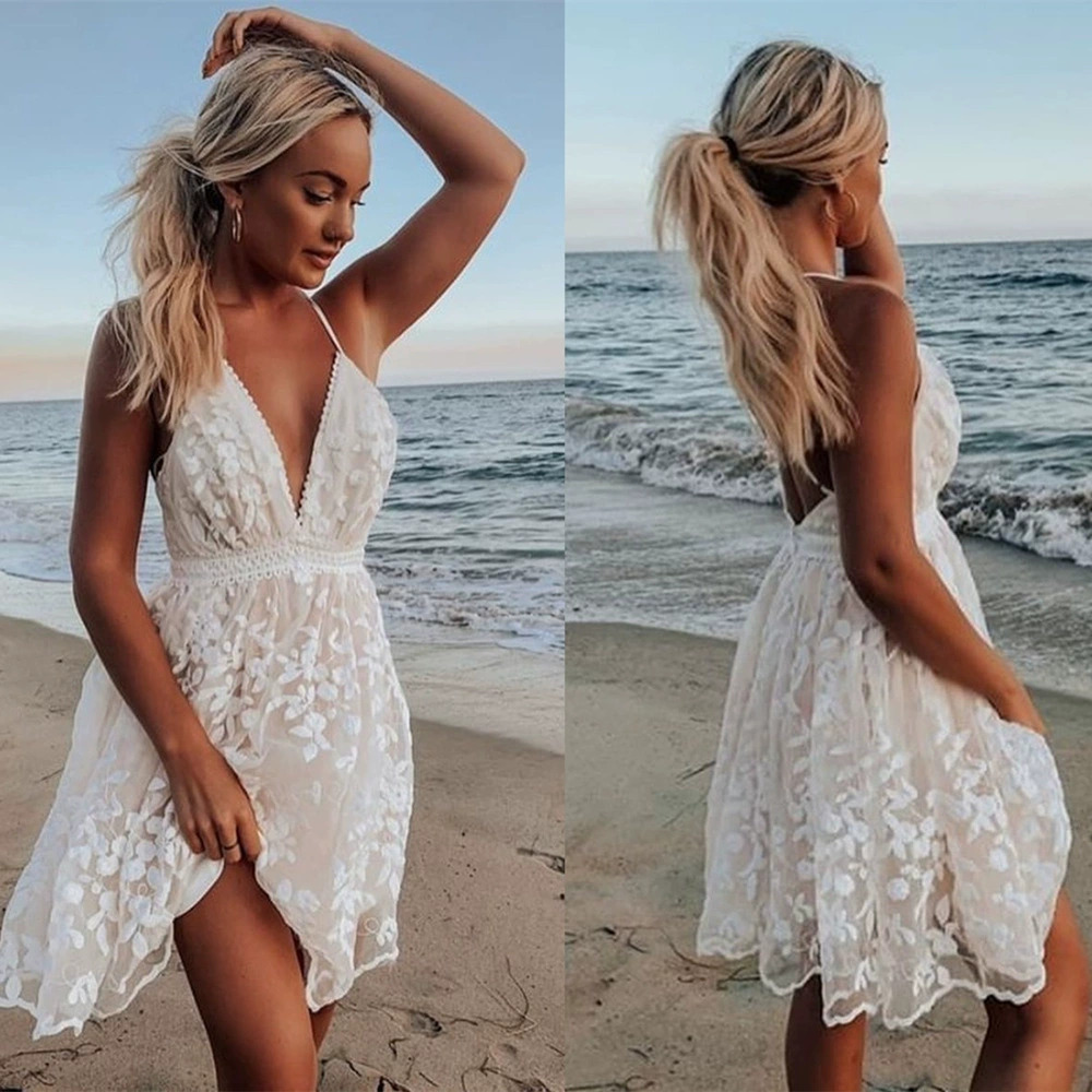 ZARA Womens Elegant Lace Trim V Neck Backless Mini Dress Spring Summer